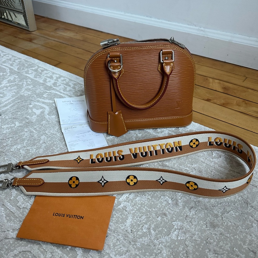 Louis Vuitton Alma Handbag Miel Epi Leather Jacquard Strap Original Receipt